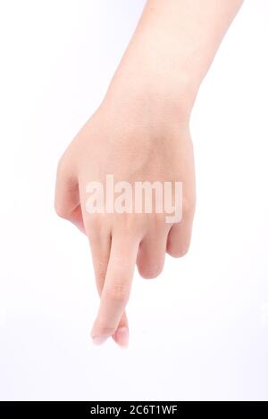 Simboli delle mani del dito concetto isolato Croce e mentire concettuali su sfondo bianco Foto Stock