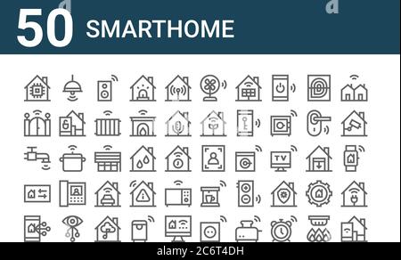 set di 50 icone intelligenti. delineare icone sottili come automazione domestica, controllo, impostazioni, wifi, cancello, luci, scansione, ventola, tenda intelligente, ma caffè Illustrazione Vettoriale