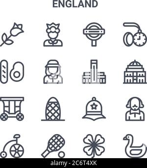 set di 16 icone di linee vettoriali inglesi concept. 64x64 icone di corsa sottile come la regina, colazione inglese, royal albert hall, cappello di polizia, racchetta da tennis, s Illustrazione Vettoriale