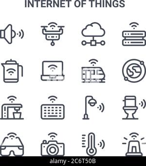 set di 16 icone di linee vettoriali internet of things concept. icone di tratti sottili 64x64 come drone intelligente, bollitore, satellite, luce stradale, fotocamera, sirena, s Illustrazione Vettoriale
