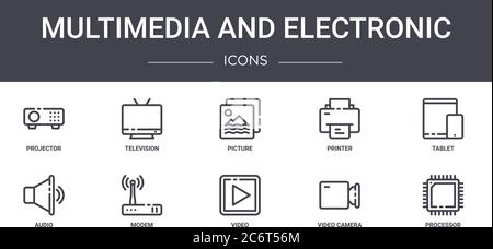 set di icone multimediali ed elettroniche per linee concettuali. contiene icone utilizzabili per il web, il logo, l'interfaccia utente/utente come televisione, stampante, audio, video, videocamera, Illustrazione Vettoriale