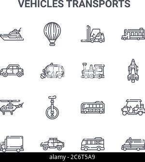 set di 16 veicoli trasporta icone di linee vettoriali concettuali. 64x64 icone di corsa sottile come mongolfiera, pick-up, razzo, bus elettrico, auto, ambul Illustrazione Vettoriale