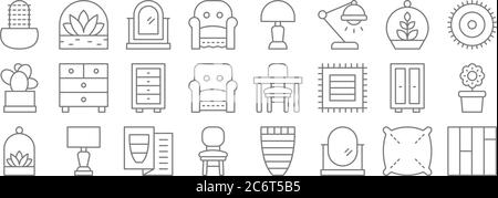 icone linea interni. set lineare. set di linee vettoriali di qualità come pavimento, specchio ovale, sedia, terrario, armadio, armadio, tappetino, luce, succulente Illustrazione Vettoriale