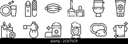 12 set di icone di routine per l'igiene lineare. icone di contorno sottile come t-shirt, lavaggio dei capelli, gettando rifiuti, wc, maschera medica, manicure per il web, mobile Illustrazione Vettoriale