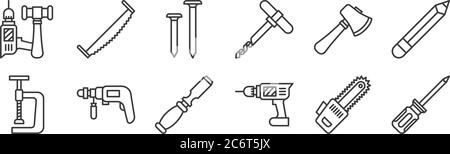 12 set di icone lineari di carpenteria. icone con contorni sottili come cacciavite, foratrice, trapano, ascia, chiodi, sega a mano per web, mobile Illustrazione Vettoriale