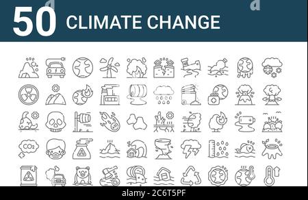 set di 50 icone per il cambiamento climatico. delineare icone sottili come temperatura, nucleare, co, toro, nucleare, auto elettrica, siccità Illustrazione Vettoriale