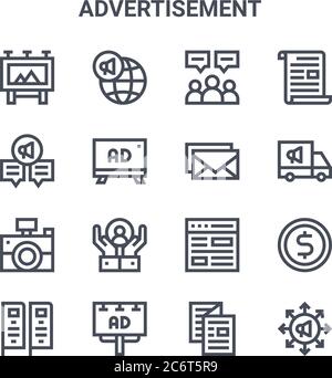 set di 16 icone di linee vettoriali per informazioni pubblicitarie. 64x64 icone di tratti sottili come marketing globale, chat, pubblicità, sito web, cartelloni, campagna Illustrazione Vettoriale