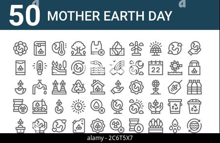 set di 50 icone del giorno della terra madre. delineare icone sottili come salvare acqua, piante, radioattivi, salvare il mondo, eco-friendly, libro di ecologia, ecologia Illustrazione Vettoriale