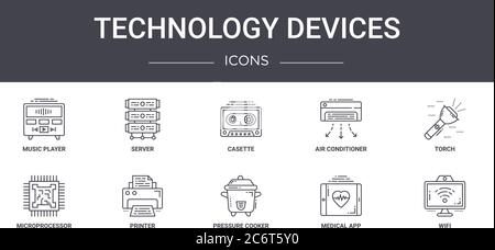 set di icone della linea di concetto di dispositivi tecnologici. contiene icone utilizzabili per il web, il logo, l'interfaccia utente/utente come server, condizionatore d'aria, microprocessore, pentola a pressione Illustrazione Vettoriale