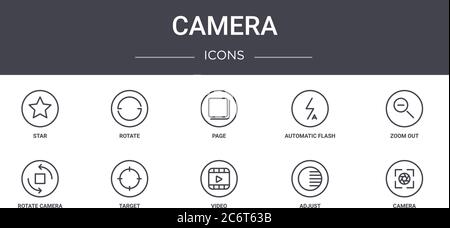 set di icone della linea di concetto della fotocamera. contiene icone utilizzabili per il web, il logo, l'interfaccia utente/utente, quali rotazione, flash automatico, rotazione della fotocamera, video, regolazione, fotocamera, zoom Illustrazione Vettoriale