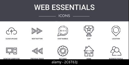 set di icone della linea concettuale di web essentials. contiene icone utilizzabili per il web, il logo, l'interfaccia utente/utente, come il pulsante successivo, la tazza, il computer desktop, le impostazioni, la casa, l'azienda Illustrazione Vettoriale