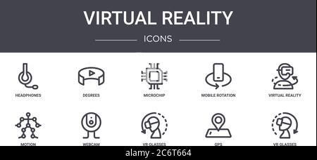 set di icone della linea di concetto di realtà virtuale. contiene icone utilizzabili per il web, il logo, l'interfaccia utente/utente, come gradi, rotazione mobile, movimento, occhiali vr, gps, vetro vr Illustrazione Vettoriale