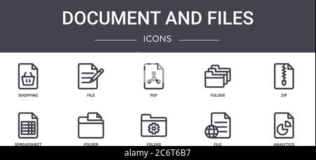 set di icone della linea concettuale di documenti e file. contiene icone utilizzabili per il web, il logo, l'interfaccia utente/utente, quali file, cartelle, fogli di calcolo, cartelle, file, analisi, zip, Illustrazione Vettoriale