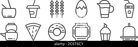 12 set di icone di cibi lineari. icone di contorni sottili come chiocciolo, vassoio di cibo, fetta di pizza, bollitore elettrico, barbecue, tazza per web, mobile Illustrazione Vettoriale
