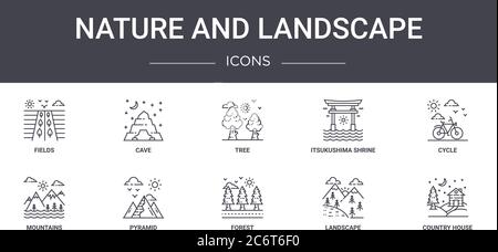 set di icone della linea concettuale natura e paesaggio. contiene icone utilizzabili per il web, logo, ui/ux come grotta, santuario di itsukushima, montagne, foresta, paesaggio Illustrazione Vettoriale