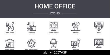 set di icone della linea di concetto per l'ufficio domestico. contiene icone utilizzabili per il web, il logo, l'interfaccia utente/utente, come lavoro, cactus, ufficio domestico, sedia da ufficio, podcast, , scrivania, ecc. Illustrazione Vettoriale