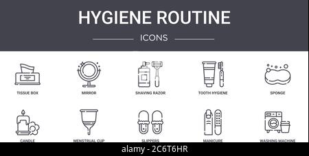 set di icone linea concettuale per igiene. contiene icone utilizzabili per web, logo, ui/ux come specchio, igiene dei denti, candela, ciabatte, manicure, lavaggio Illustrazione Vettoriale