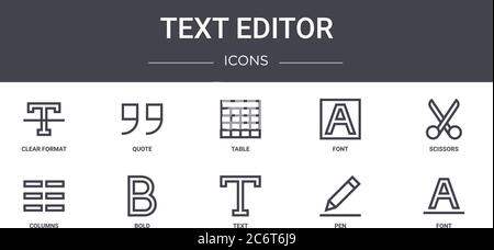 editor di testo set di icone di linee concettuali. contiene icone utilizzabili per il web, il logo, l'interfaccia utente/utente come virgolette, font, colonne, testo, penna, font, forbici, tabella Illustrazione Vettoriale