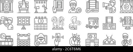 icone di linea del cinema. set lineare. set di linee vettoriali di qualità quali attori, casse audio, telecomando, cornice del film, biglietti per il cinema, cinema, occhiali d, Illustrazione Vettoriale