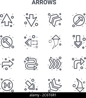 set di 16 frecce icone di linee vettoriali. 64x64 icone di tratti sottili come freccia giù, su sinistra, freccia giù, freccia destra, , giù a sinistra su Illustrazione Vettoriale