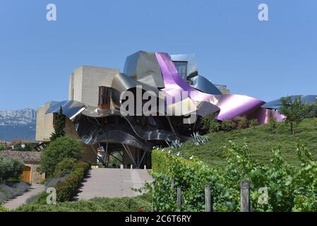 Elciego, Spagna. 11 Luglio 2020. Marques de Riscal Hotel, progettato dall'architetto Frank o Gehry, a Elciego, zona spagnola Rioja-Alavesa. Questa cantina possiede 540 ettari di vigneti e controlla altri 900 per produrre più di sei milioni di bottiglie l'anno. Circa il 60% della sua produzione viene esportata in più di 100 paesi. È la più antica cantina della provincia di Rioja. Credit: SOPA Images Limited/Alamy Live News Foto Stock