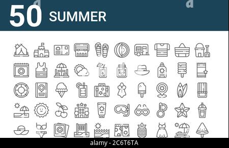set di 50 icone estive. icone sottili come pop-sicle, cappello pamela, spiaggia, salvagente, calendario, castello di sabbia, costume da bagno, cocomero, gelato Illustrazione Vettoriale