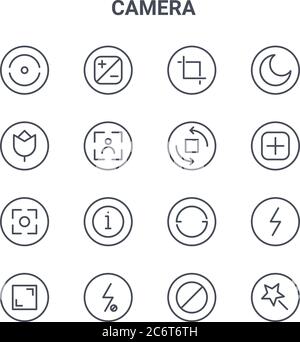 set di 16 icone di linee vettoriali di concetto di telecamera. 64x64 icone di tratti sottili come contrasto, effetto, aggiungere, ruotare, disattivare il flash, bellezza, blocco, ruota la fotocamera, ni Illustrazione Vettoriale