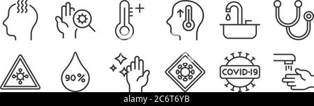 12 set di icone lineari pandemiche di nuovi virus. icone sottili come lavamani, virus avvertimento, alcol, lavello, termometro, batteri per il web, mobile Illustrazione Vettoriale