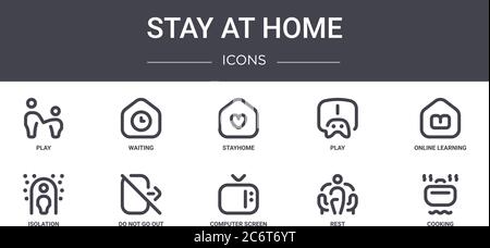 set di icone della linea di concetto "stay at home". contiene icone utilizzabili per il web, il logo, l'interfaccia utente/utente, come l'attesa, il gioco, l'isolamento, lo schermo del computer, il riposo, la cucina, onli Illustrazione Vettoriale