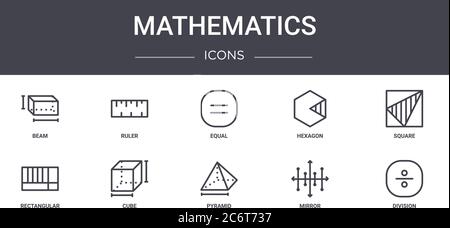 set di icone della linea di concetto matematico. contiene icone utilizzabili per il web, il logo, l'interfaccia utente/ux come righello, esagonale, rettangolare, piramide, specchio, divisione, quadrato, Illustrazione Vettoriale