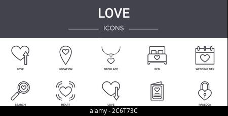 set di icone di linea di concetto di amore. contiene icone utilizzabili per il web, logo, ui/ux come posizione, letto, ricerca, amore, lucchetto, giorno di nozze, collana Illustrazione Vettoriale