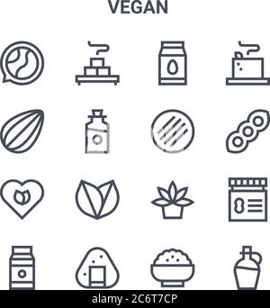 set di 16 icone di linee vettoriali di concetto vegano. 64x64 icone di ictus sottili come tofu, mandorla, soia, agave, onigiri, olio d'oliva, avena, hamburger tofu, tofu Illustrazione Vettoriale