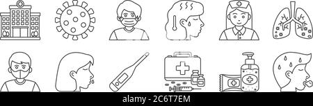 12 set di icone di covidi di coronavirus lineari. icone di contorni sottili come respirazione, vaccini, snodamento, infermiera, maschera medica, coronavirus per il web, mobile Illustrazione Vettoriale