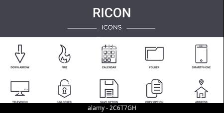 set di icone della linea di concetto di ricon. contiene icone utilizzabili per il web, il logo, l'interfaccia utente/utente come fire, la cartella, la televisione, l'opzione di salvataggio, l'opzione di copia, l'indirizzo, lo smartpho Illustrazione Vettoriale