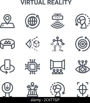set di 16 icone di linee vettoriali di realtà virtuale. 64x64 icone di tratti sottili come globale, gradi, fotocamera, cinema, realtà virtuale, riprese, vetro vr Illustrazione Vettoriale