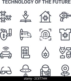 set di 16 tecnologie delle future icone di linee vettoriali. 64x64 icone di tratti sottili come libro, microchirurgia, abbigliamento intelligente, nanotecnologia, ufo, Illustrazione Vettoriale