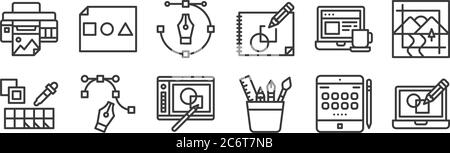12 insieme di icone di disegno grafico lineare. icone di contorno sottile come de, strumento grafico, , lavoro, strumento penna, forme di base per il web, mobile Illustrazione Vettoriale