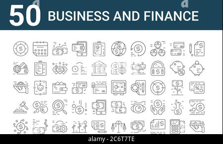 set di 50 icone di business e finanza. delineare icone sottili come pagamento in contanti, crowfunding, asta, servizio, calendario, cassaforte, internazionale Illustrazione Vettoriale
