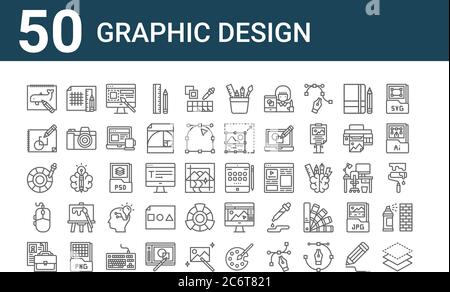 set di 50 icone di design grafico. delineare icone di linee sottili come livello, portfolio, mouse, selettore colore, sketchup, linee griglia, ipad tablet Illustrazione Vettoriale