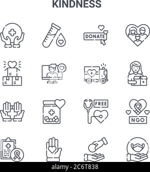 set di 16 icone di linee vettoriali di concetto di gentilezza. icone di ictus sottili 64x64 come provetta, donazione, donatori, controllo medico, dare cuore, maschera medica, ge Illustrazione Vettoriale
