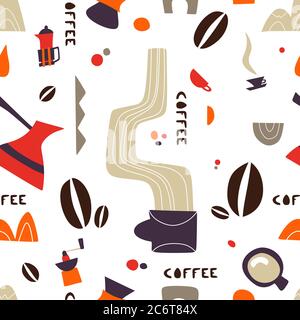 Modello di caffè con pentole e tazze da tè. Il caffè è sempre una buona idea. Texture senza cuciture per la progettazione di menu. Modello senza giunture vettoriale Illustrazione Vettoriale