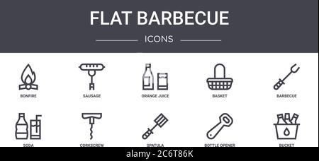 set di icone della linea concettuale per barbecue piatto. contiene icone utilizzabili per web, logo, ui/ux come salsicce, cesto, soda, spatola, apribottiglie, secchio, barbec Illustrazione Vettoriale