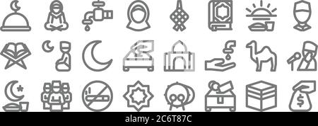 ramadhan line icons. set lineare. qualità vettore line set come zakat, carità, rub el hizb, digiuno, cammello, islam, uomo avatar, ketupat, lettura Illustrazione Vettoriale