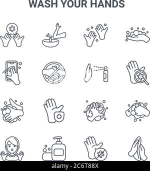 set di 16 icone di linee vettoriali per il lavaggio delle mani. 64x64 icone di corsa sottile come lavello, pulizia, coronavirus, lavaggio delle mani, sapone, salvietta, pulizia, Illustrazione Vettoriale