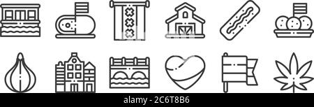 12 insieme di icone olandesi lineari. icone con contorni sottili come marijuana, olanda, olanda, kroket, amsterdam, formaggio per il web, cellulare Illustrazione Vettoriale