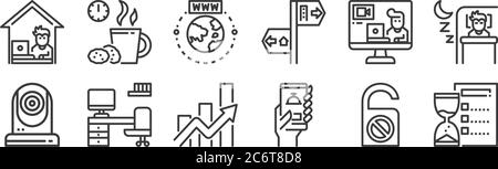 12 set di icone di lavoro lineare da casa. icone di contorno sottile come gestione del tempo, consegna di cibo, spazio di lavoro, videochiamata, internet, pausa caffè per w Illustrazione Vettoriale