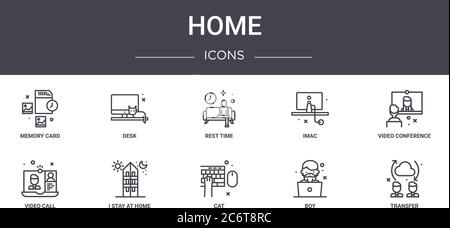 set di icone della linea home concept. contiene icone utilizzabili per il web, il logo, l'interfaccia utente/ux come scrivania, imac, videochiamata, gatto, ragazzo, trasferimento, videoconferenza, rest tim Illustrazione Vettoriale