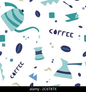 Modello di caffè con pentole e tazze da tè. Il caffè è sempre una buona idea. Texture senza cuciture per la progettazione di menu. Modello senza giunture vettoriale Illustrazione Vettoriale