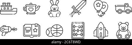 12 set di icone di giocattoli per bambini lineari. icone di contorni sottili come orsacchiotto, abaco, fiaba, palloncini, coniglietto, teiera per il web, mobile Illustrazione Vettoriale