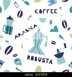 Modello di caffè con pentole e tazze da tè. Il caffè è sempre una buona idea. Texture senza cuciture per la progettazione di menu. Modello senza giunture vettoriale Illustrazione Vettoriale